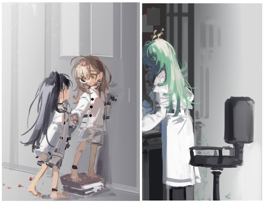 3girls, aged_down, ahoge, barefoot, black_hair, black_pants, book, book_stack