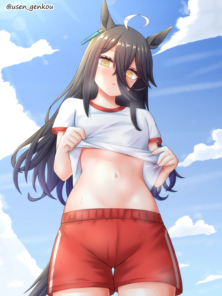 1girl, ahoge, animal_ears, black_hair, blue_sky, cloud, day, earrings