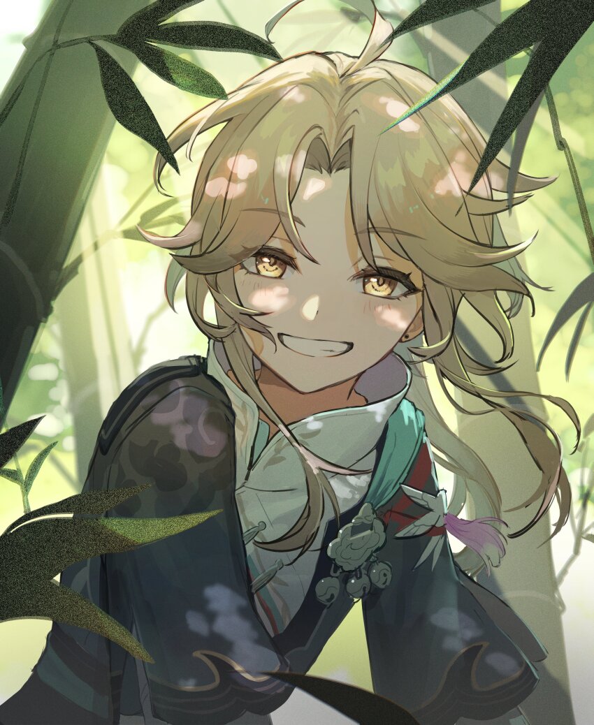 1boy, absurdres, ahoge, bamboo, bamboo_forest, bell, blonde_hair, blue_jacket