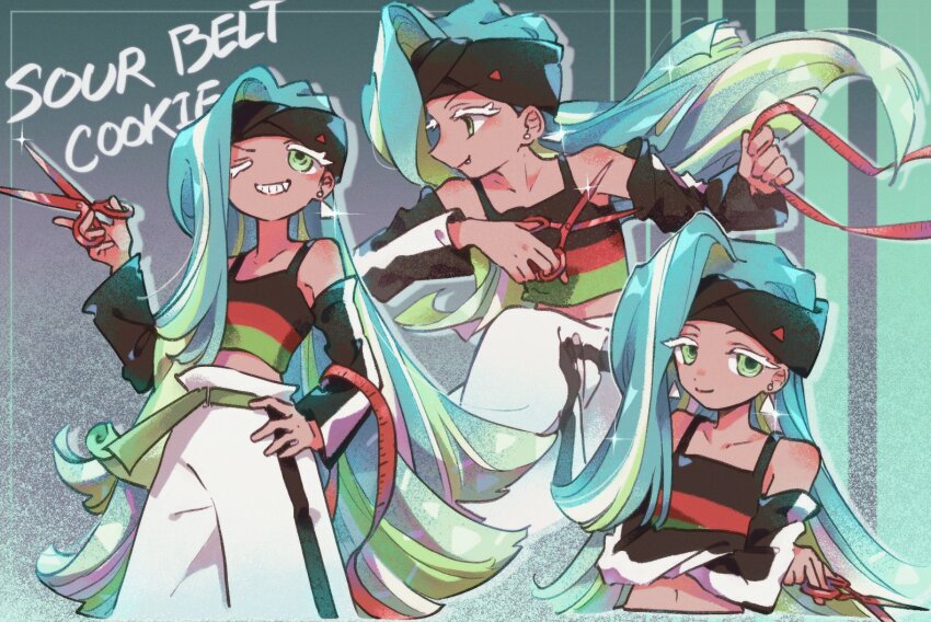 1girl, ;d, aqua_hair, asymmetrical_bangs, belt, black_hairband, black_sleeves, blunt_ends