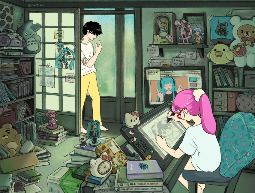 1boy, 1girl, absurdly_detailed_composition, black_hair, book, chair, clock, computer