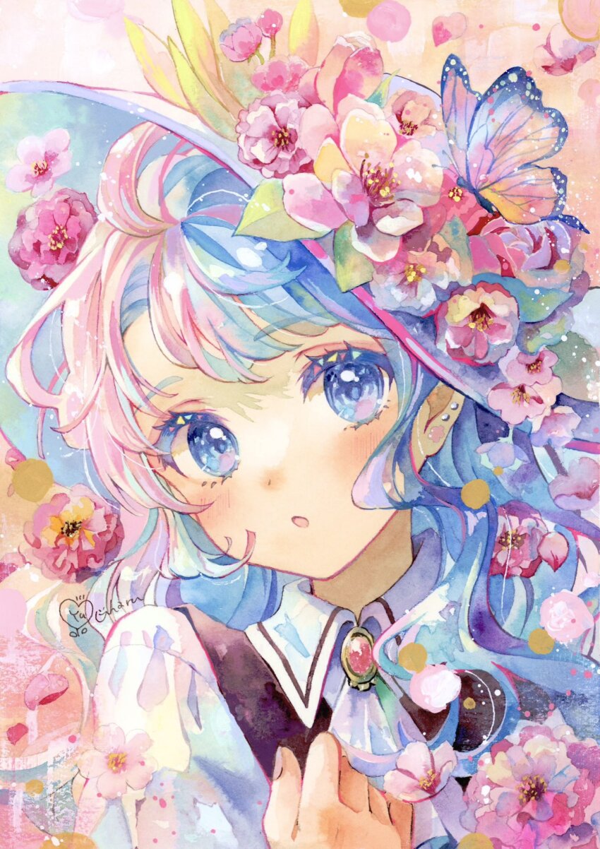 1girl, acrylic_gouache_(medium), artist_name, blue_eyes, blue_hair, blush, bug, butterfly