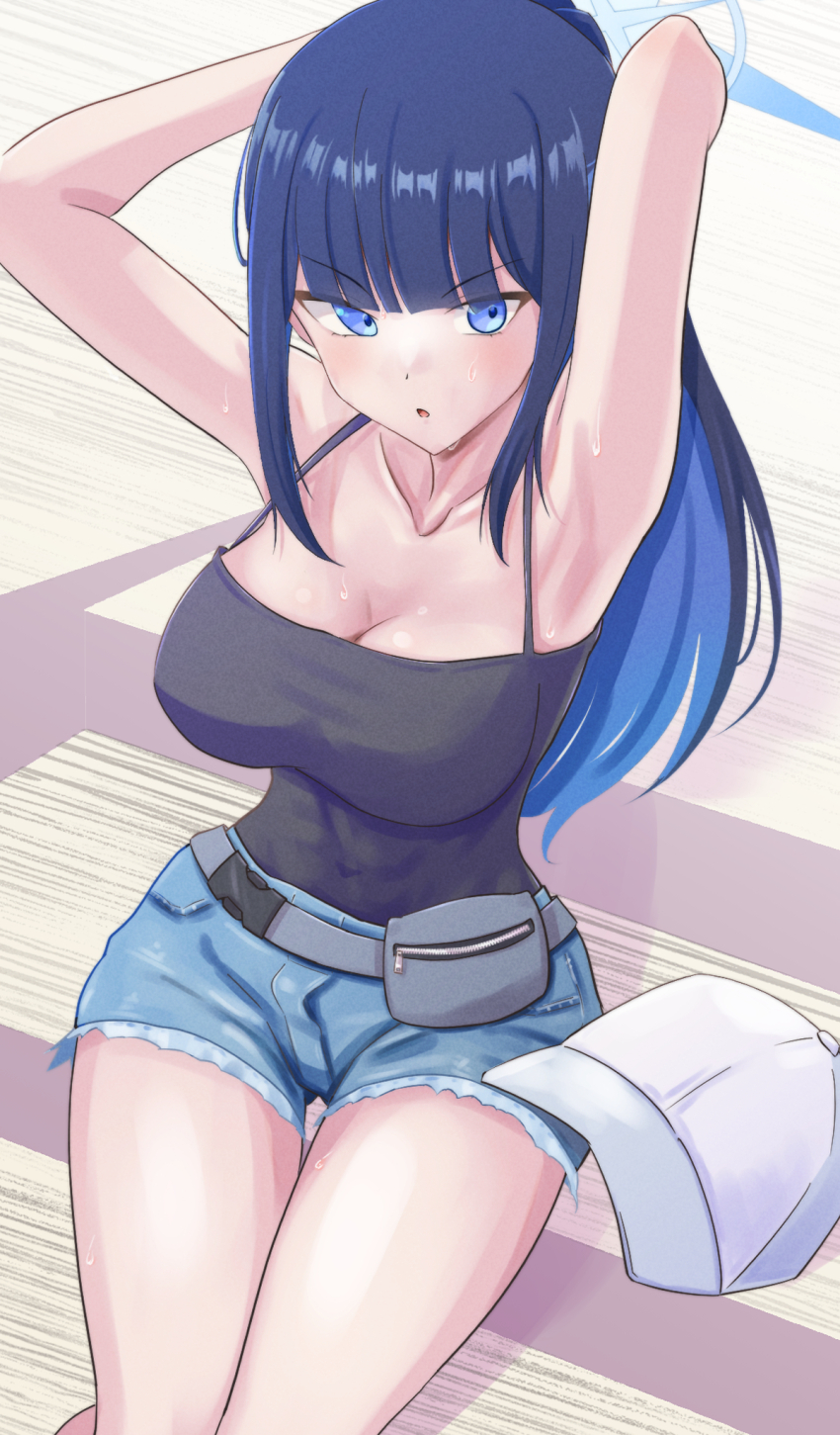 1girl, armpits, arms_up, baseball_cap, belt_pouch, blue_archive, blue_eyes, blue_hair, blunt_bangs, breasts, cleavage, dark_blue_hair, from_above, halo, hat, highres, large_breasts, long_hair, looking_at_viewer, pouch, reitowikan, saori_(blue_archive), saori_(swimsuit)_(blue_archive), short_shorts, shorts, sitting, solo, strapless, sweat, thighs, tube_top, unworn_hat, unworn_headwear, white_hat