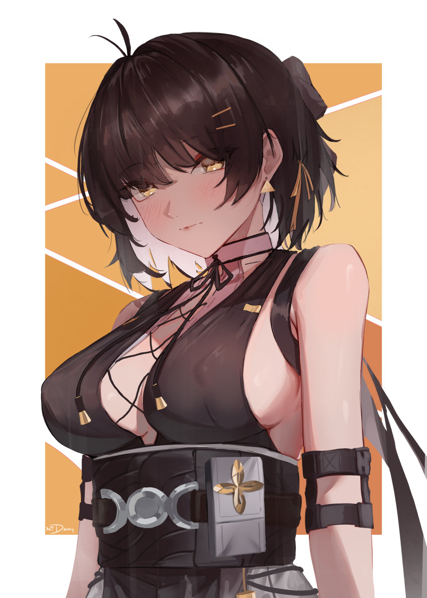 1girl, absurdres, antenna_hair, bare_shoulders, black_bow, black_dress, black_hair, blush