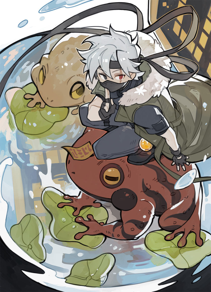 1boy, animal, black_eyes, black_headband, bottle, commentary, denim, english_commentary