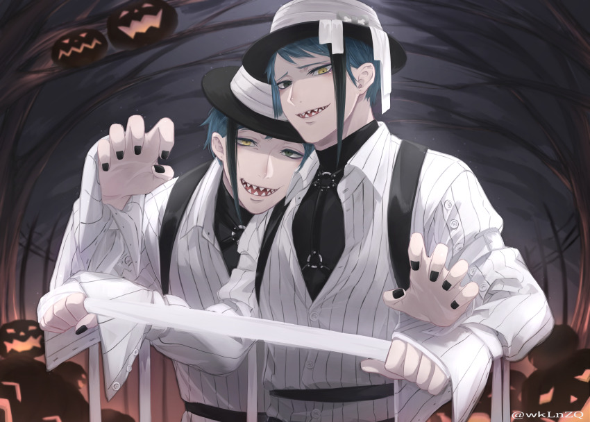 2boys, absurdres, bandages, bare_tree, blue_hair, brothers, brown_eyes, claw_pose