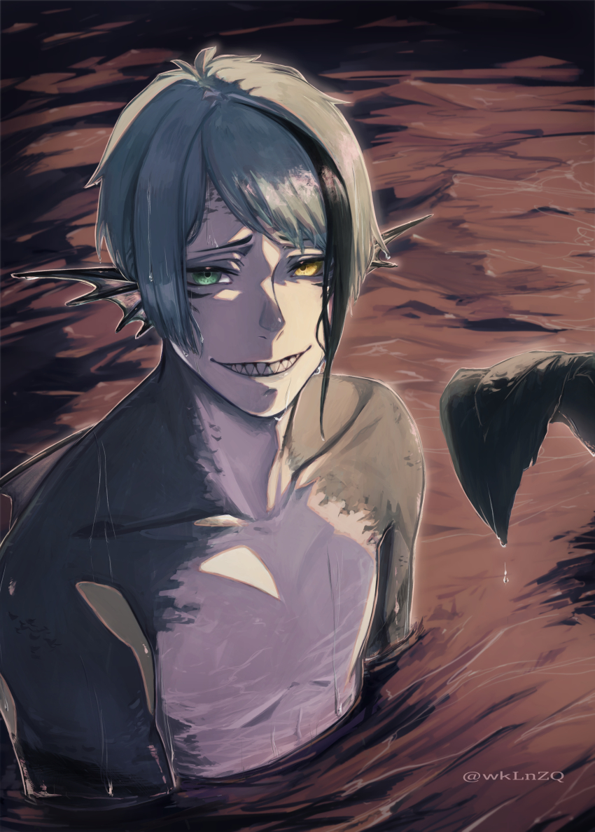 1boy, absurdres, blue_hair, brown_background, brown_eyes, eel_boy, fins, grin