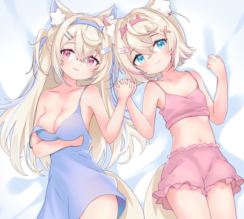 2girls, animal_ear_fluff, animal_ears, bed, blonde_hair, blue_dress, blue_eyes, blue_nightgown, breasts, camisole, cleavage, comomo, dog_ears, dog_girl, dog_tail, dress, fuwawa_abyssgard, hair_ornament, hairband, hairclip, highres, holding_hands, hololive, hololive_english, long_hair, midriff, mococo_abyssgard, multiple_girls, navel, nightgown, pink_shorts, red_eyes, short_dress, short_hair, short_shorts, shorts, siblings, sisters, sleepwear, smile, stomach, strap_slip, tail, twins, virtual_youtuber