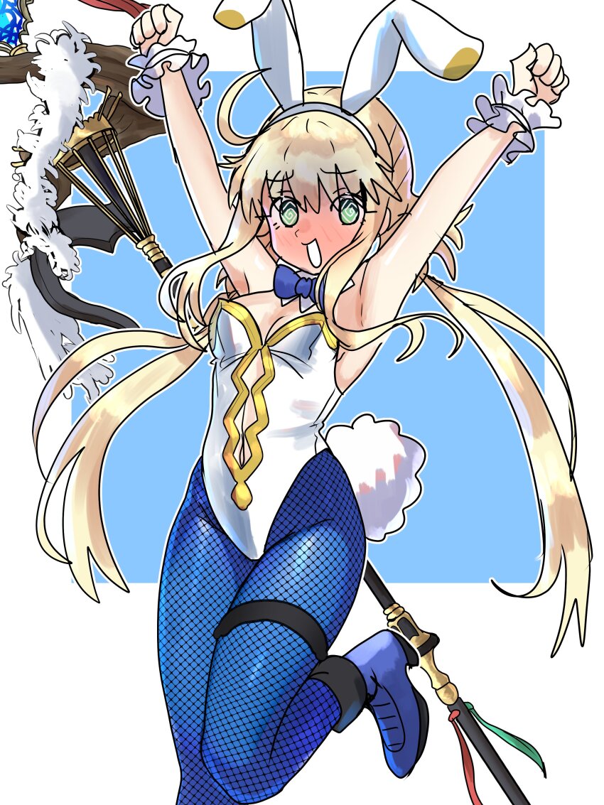 1girl, @_@, absurdres, ahoge, animal_ears, armpits, arms_up, artoria_caster_(fate), artoria_caster_(swimsuit)_(fate), artoria_caster_(swimsuit_berserker)_(fate), artoria_pendragon_(fate), artoria_pendragon_(swimsuit_ruler)_(fate), artoria_pendragon_(swimsuit_ruler)_(fate)_(cosplay), artoria_pendragon_(swimsuit_ruler)_(first_ascension)_(fate), bare_shoulders, blonde_hair, blue_pantyhose, blush, bow, bowtie, breasts, cleavage, clothing_cutout, cosplay, detached_collar, ebora, fake_animal_ears, fate/grand_order, fate_(series), feather_boa, fishnet_pantyhose, fishnets, full-face_blush, green_eyes, highleg, highleg_leotard, highres, leotard, long_hair, looking_at_viewer, navel, navel_cutout, open_mouth, pantyhose, playboy_bunny, rabbit_ears, rabbit_tail, small_breasts, smile, solo, staff, tail, thighs, twintails, white_leotard, wrist_cuffs