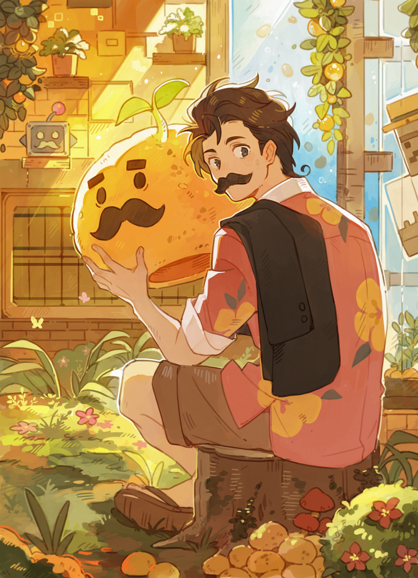 1boy, 1other, berry, black_hair, commentary, english_commentary, facial_hair, flower