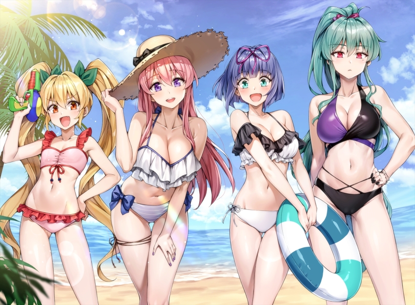 4girls, aqua_eyes, beach, bikini, black_bikini, black_nails, blonde_hair, blue_hair