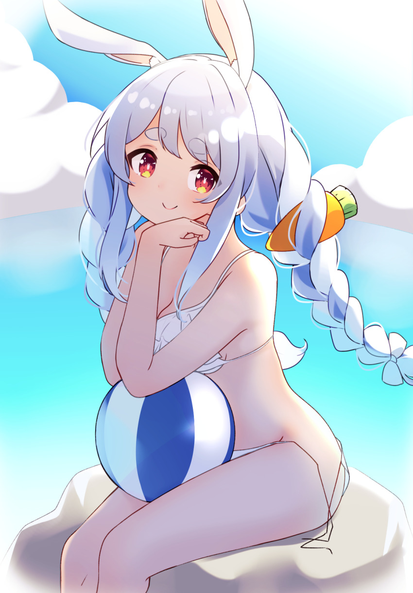 1girl, animal_ear_fluff, animal_ears, ball, beachball, bikini, blue_hair, braid