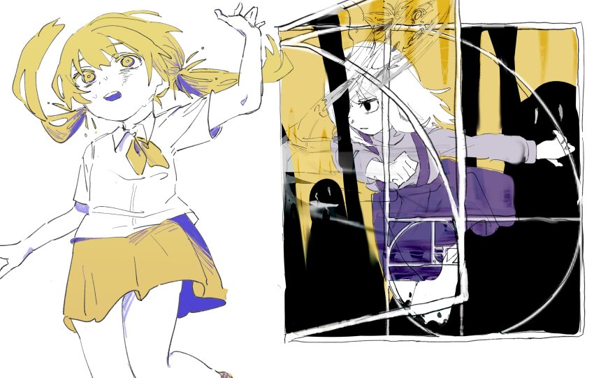 2girls, 3h3983, absurdres, blonde_hair, collared_shirt, commentary, english_commentary, ghost