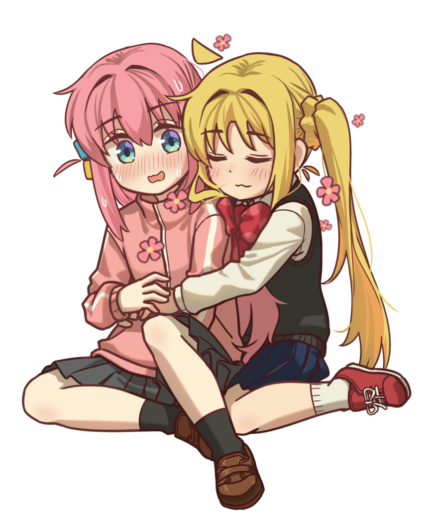 2girls, :3, ahoge, black_skirt, black_sweater_vest, blonde_hair, blue_eyes, blue_skirt