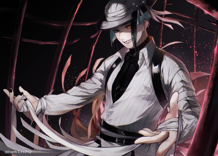 1boy, absurdres, bandages, black_background, blue_hair, coat, commentary_request, green_eyes