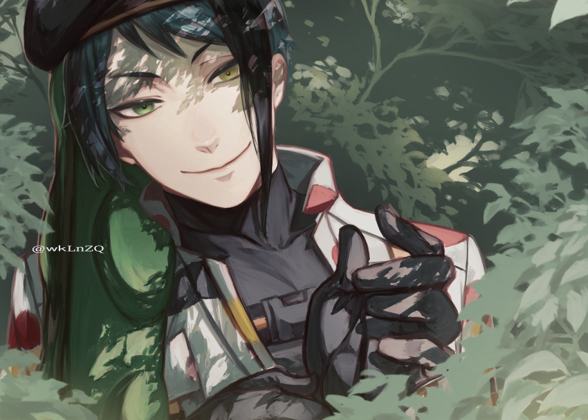1boy, absurdres, beanfest_(twisted_wonderland), beret, blue_hair, bush, gloves, green_background, green_eyes, hat, heterochromia, highres, jade_leech, jade_leech_(beans_camo), looking_at_viewer, male_focus, short_hair, smile, solo, twisted_wonderland, upper_body, wklnzq, yellow_eyes