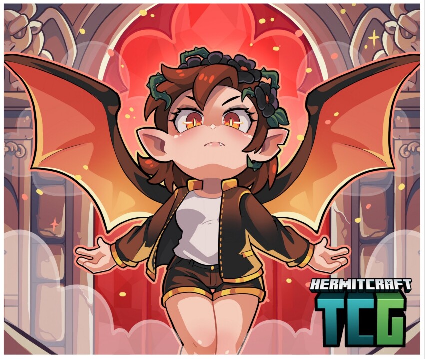 1girl, black_shorts, breasts, brown_hair, commentary, copyright_name, deformed, demon_girl, demon_wings, english_commentary, fewer_digits, head_wreath, hermitcraft, hermitcraft_tcg, highres, jacket, logo, medium_breasts, medium_hair, minecraft_youtube, official_art, open_clothes, open_jacket, orange_eyes, pillar, pointy_ears, shirt, shorts, slit_pupils, solo, standing, stressmonster101, tassji_s, white_shirt, wings