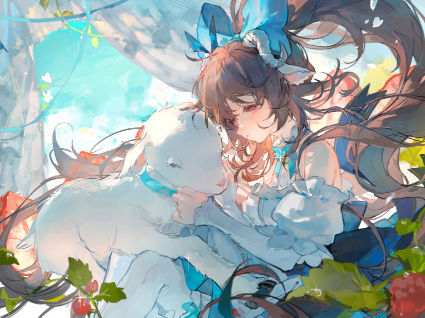 1girl, animal_ears, arknights, baby_animal, bare_shoulders, bell, berry, blue_bow