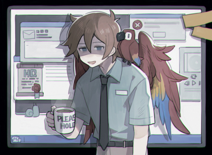 1boy, animal, animal_on_shoulder, bird, bird_boy, bird_on_shoulder, bird_wings, brown_hair, coffee_mug, collared_shirt, commentary, cup, english_commentary, grian_(permit_office)_(hermitcraft), grian_(youtuber), hermitcraft, holding, holding_cup, luminous_slime, macaw, male_focus, minecraft, minecraft_youtube, mug, necktie, official_alternate_costume, parrot, parrot_(minecraft), scarlet_macaw, shaded_face, shirt, short_hair, solo, taskbar, window_(computing), wings