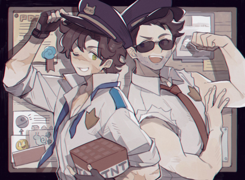 2boys, back-to-back, brown_hair, commentary, english_commentary, explosive, flexing, goodtimeswithscar