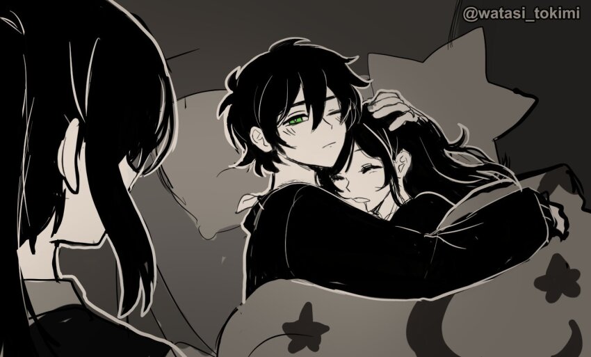 andrew_graves, artist_name, ashley_graves, black_hair, black_shirt, black_sweater, brother_and_sister, closed_eyes, commentary, drooling, english_commentary, green_eyes, hair_down, implied_incest, implied_sex, looking_at_another, mother_and_child, mother_and_daughter, mother_and_son, parent_and_child, pillow, renee_graves, shirt, siblings, sleeping, sleepy, star-shaped_pillow, sweater, the_coffin_of_andy_and_leyley, twitter_username, under_covers, watasi_tokimi