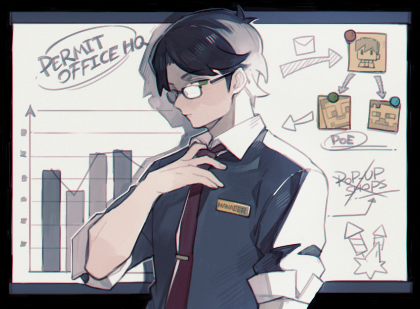 1boy, adjusting_clothes, adjusting_necktie, bespectacled, black_hair, collared_shirt, commentary, cubfan135