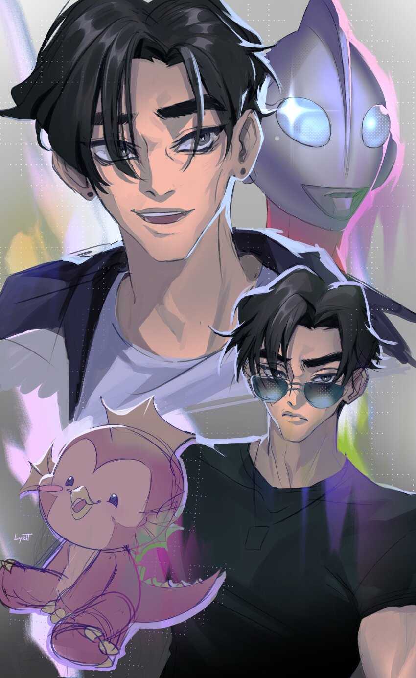 1girl, absurdres, black_hair, black_shirt, broad_shoulders, commentary, covered_pectorals, ear_piercing