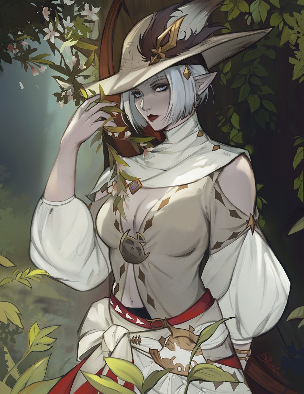 1girl, birmit, blue_eyes, bow_(weapon), breasts, cape, cleavage, copyright_request