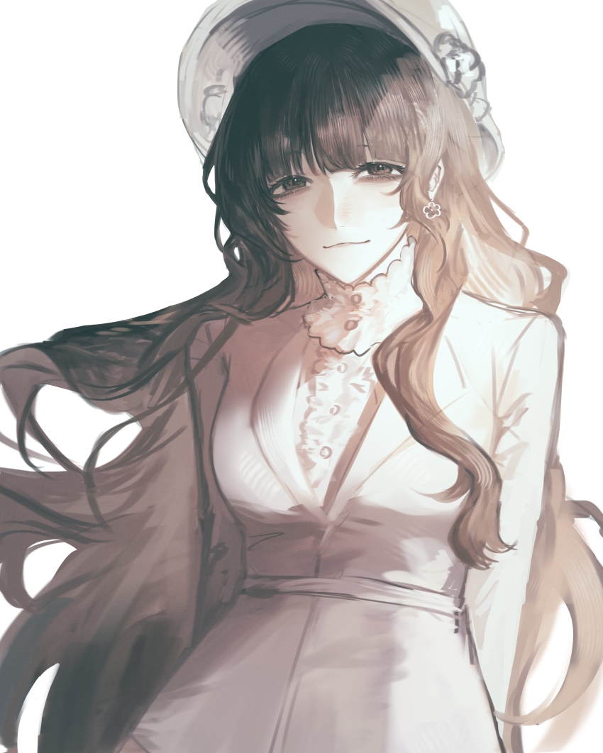 1girl, absurdres, belt, blunt_bangs, breasts, brown_eyes, brown_hair, closed_mouth