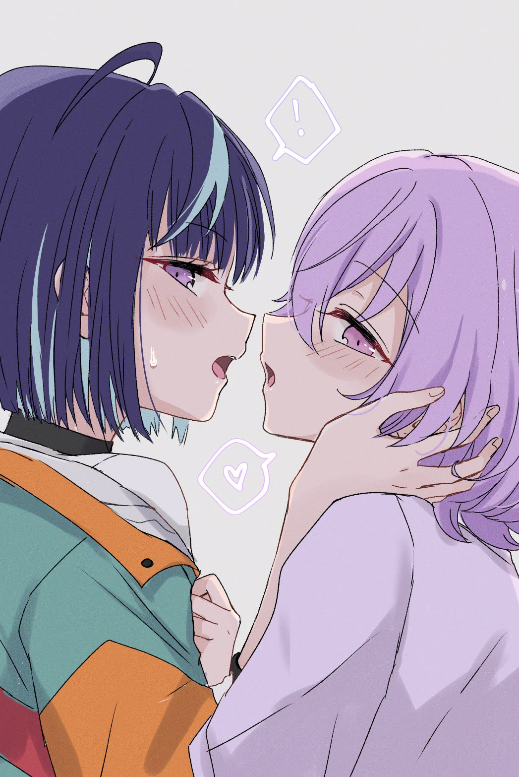 !, 2boys, ahoge, aqua_jacket, blue_hair, blush, close-up, couple