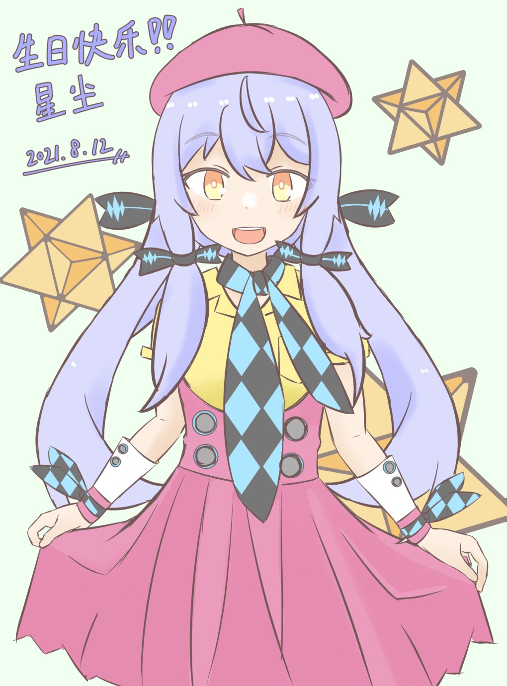 1girl, 2021, :d, beret, blush, checkered_clothes, chinese_commentary, collared_shirt