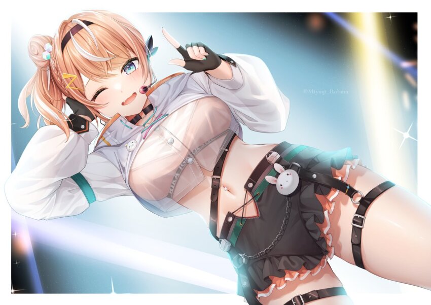 1girl, ;d, aqua_nails, belly_chain, belt, black_belt, black_headband, black_shorts