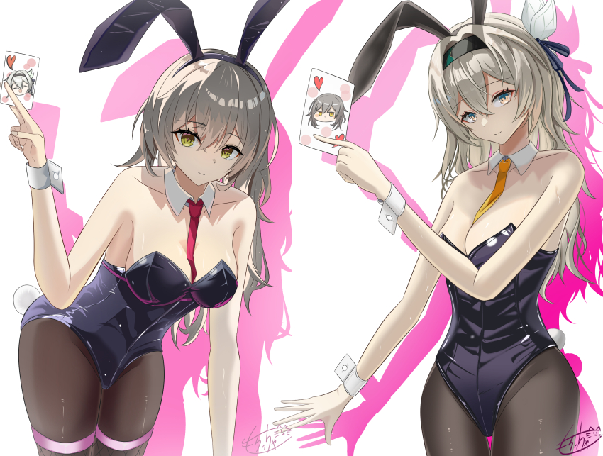 2girls, absurdres, animal_ears, bare_shoulders, black_hairband, black_leotard, black_pantyhose, breasts