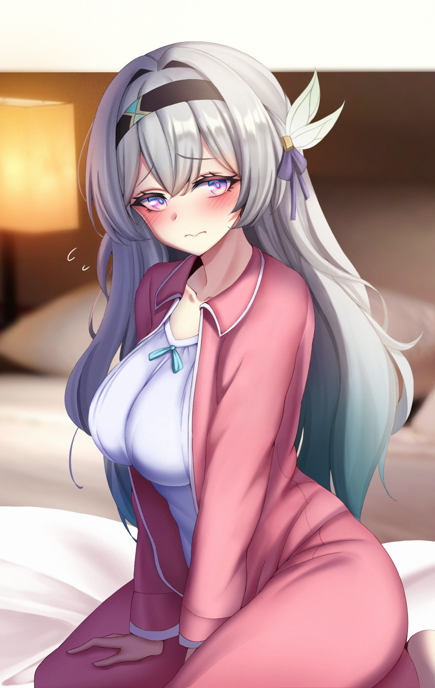 1girl, absurdres, between_legs, black_hairband, blurry, blurry_background, blush, breasts