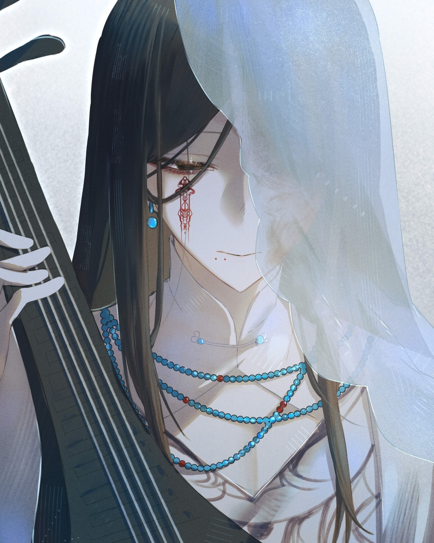 1boy, absurdres, bead_necklace, beads, black_eyes, black_hair, chinese_commentary, cleavage_cutout, closed_mouth, clothing_cutout, commentary_request, facial_mark, facial_tattoo, highres, holding, holding_instrument, huayangshan_jishi, instrument, jewelry, kc-rk_sl, lan_ruoyan, long_hair, lute_(instrument), male_focus, mandarin_collar, necklace, portrait, shirt, solo, tattoo, veil, white_shirt