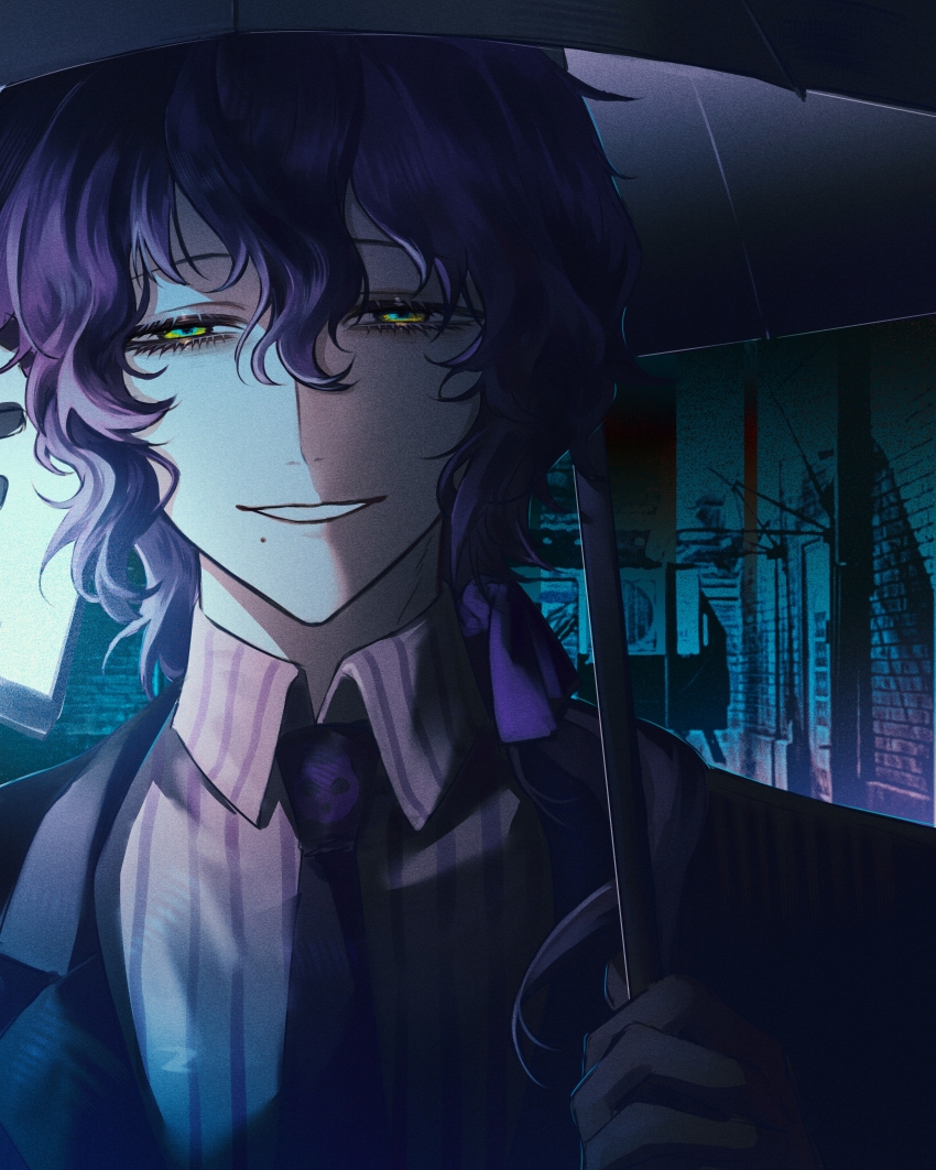 1boy, absurdres, black_gloves, black_jacket, black_umbrella, chinese_commentary, collared_shirt, commentary_request