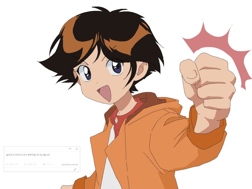 :d, blue_eyes, clenched_hand, doppelschwert, hanaoka_isami, highres, hood, looking_at_viewer