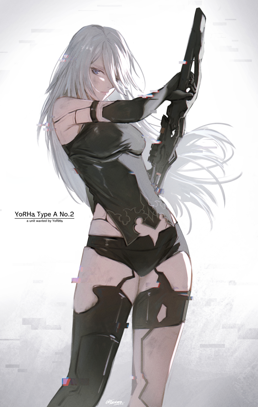 1girl, a2_(nier:automata), absurdres, bare_shoulders, black_gloves, black_shirt, black_shorts, black_thighhighs, blue_eyes, breasts, character_name, closed_mouth, commentary, elbow_gloves, floating_hair, forutaro, gloves, hair_over_one_eye, highres, holding, holding_sword, holding_weapon, long_hair, medium_breasts, micro_shorts, mole, mole_under_mouth, nier:automata, nier_(series), one_eye_covered, shirt, shorts, simple_background, sleeveless, sleeveless_shirt, solo, sword, thighhighs, torn_clothes, torn_thighhighs, twitter_username, very_long_hair, weapon, white_background, white_hair