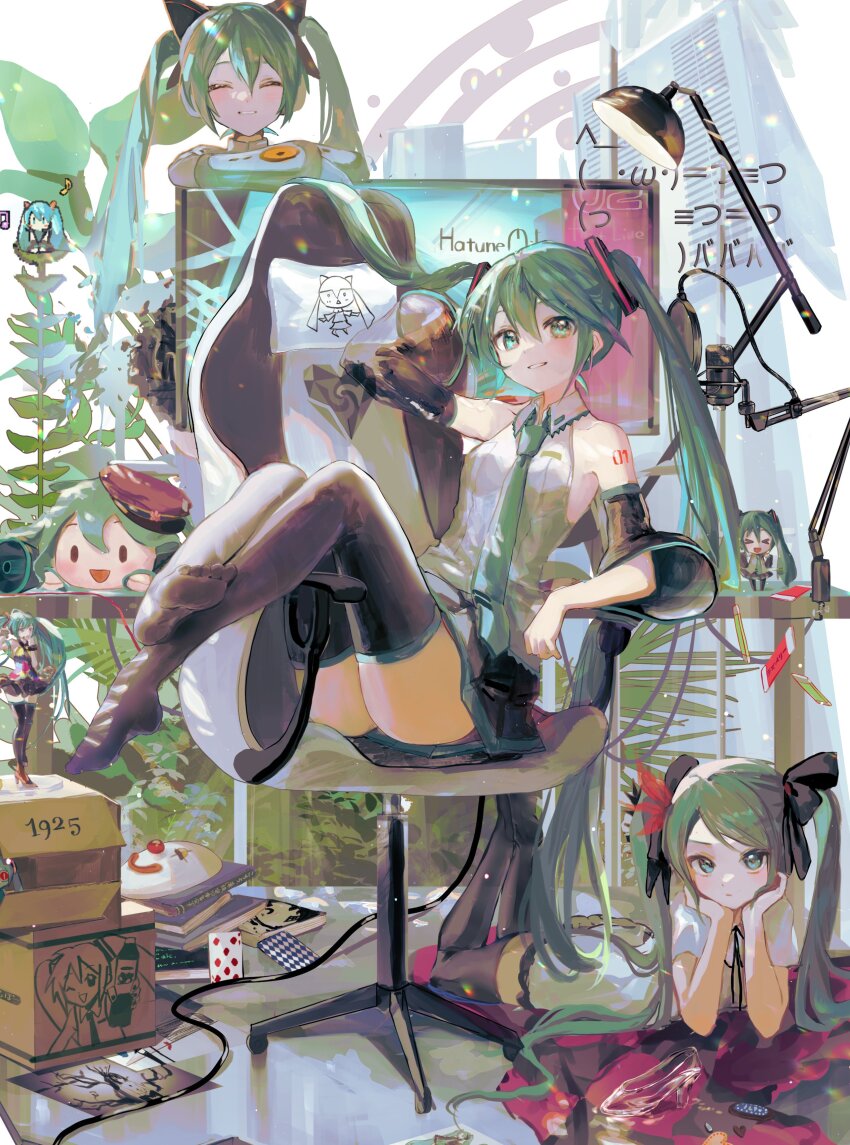 >_<, 1925_(vocaloid), 3girls, absurdres, aimaina, animal_ear_headphones, animal_ears, aqua_eyes