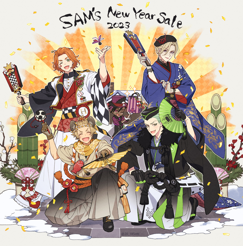 2023, 5boys, blonde_hair, blue_kimono, brown_kimono, cater_diamond, cater_diamond_(new_year's_attire), confetti, dated, english_text, fangs, full_body, gloves, green_eyes, green_hair, hakama, hakama_pants, hand_fan, hat, highres, holding, holding_fan, hyena_boy, hyena_ears, japanese_clothes, kimono, looking_at_viewer, male_focus, multiple_boys, new_year, on_one_knee, one_eye_closed, orange_background, orange_hair, pants, purple_eyes, rezigigasunoyume, ruggie_bucchi, ruggie_bucchi_(new_year's_attire), sam_(twisted_wonderland), sebek_zigvolt, sebek_zigvolt_(new_year's_attire), short_hair, smile, standing, sunburst, twisted_wonderland, vil_schoenheit, vil_schoenheit_(new_year's_attire)