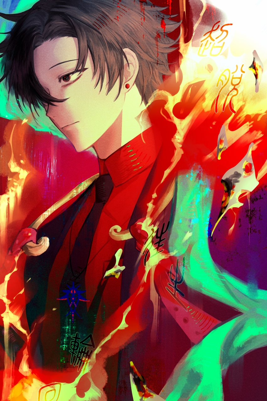 1boy, absurdres, black_eyes, black_hair, black_jacket, black_necktie, chinese_commentary, chinese_text