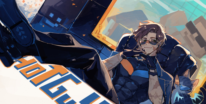 1boy, animal, brown_hair, cat, character_name, commentary, earrings, english_commentary