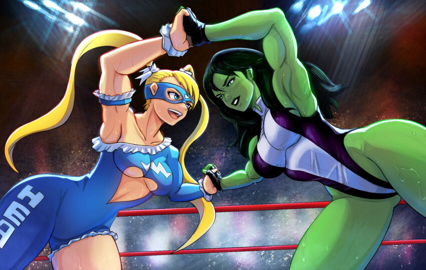2girls, alex_dos_diaz, alternate_costume, blonde_hair, breasts, cleavage, clothing_cutout, colored_skin, crossover, curvy, eye_mask, face-to-face, fighting, frills, green_hair, green_skin, heart_cutout, highleg, highleg_leotard, large_breasts, leotard, long_hair, looking_at_another, marvel, mask, multiple_girls, muscular, muscular_female, official_alternate_costume, rainbow_mika, revealing_clothes, she-hulk, shiny_skin, single_leg_bodysuit, single_sleeve, smile, street_fighter, street_fighter_v, sweat, sweatdrop, thong_leotard, twintails, very_long_hair, wide_hips, wrestling, wrestling_mask, wrestling_outfit, wrestling_ring