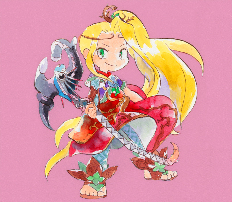 1girl, atz6, blonde_hair, deformed, dress, flower, full_body, green_eyes