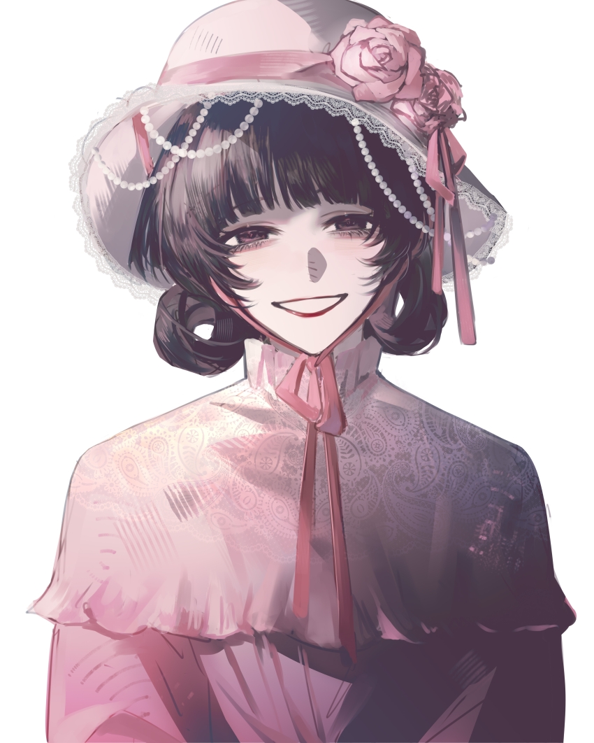 1girl, absurdres, beads, black_eyes, black_hair, capelet, chinese_commentary, commentary_request, flower, grin, hair_rings, hat, hat_flower, hat_ribbon, highres, kc-rk_sl, lace-trimmed_headwear, lace_trim, paisley, pink_capelet, pink_flower, pink_ribbon, pink_shirt, portrait, red_lips, ribbon, shirt, simple_background, smile, solo, tang_ningyun, touqi_guaitan, upper_body, white_background
