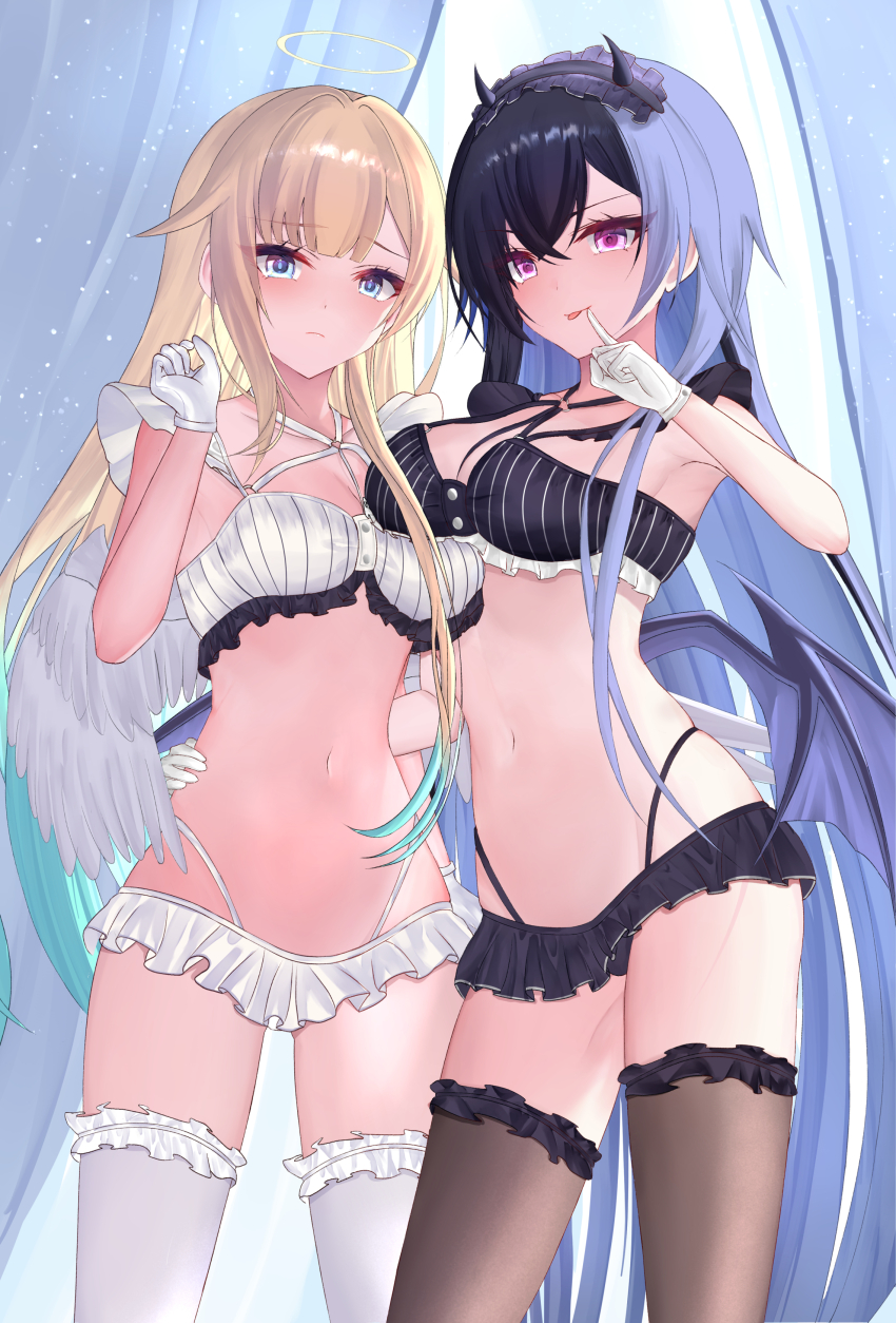 :p, absurdres, aizawa_ema, angel, aqua_hair, asymmetrical_docking, bikini, black_hair