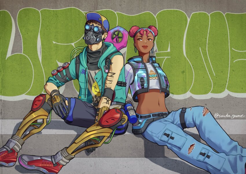 1boy, 1girl, apex_legends, arm_tattoo, artist_name, baseball_cap, belt, black_gloves, black_shorts, blue_hat, blue_hoodie, blue_pants, blue_vest, brown_eyes, cable, can, cropped_sweater, cropped_vest, dark-skinned_female, dark_skin, dazzling_denim_lifeline, denim, fanny_pack, gloves, graffiti, grey_shirt, grey_sweater, hat, highres, hood, hoodie, jeans, lifeline_(apex_legends), looking_to_the_side, mask, mechanical_legs, midriff, navel, octane_(apex_legends), official_alternate_costume, pants, partially_fingerless_gloves, puren_j26th, run_the_streets_octane, shirt, shorts, single_sleeve, sitting, smile, streetwear, sweater, tattoo, thigh_belt, thigh_strap, vest