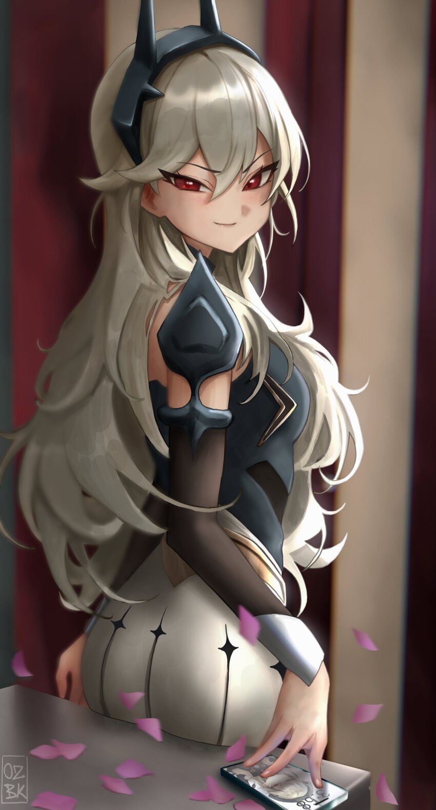 0zbck, 1girl, absurdres, animification, ass, black_hairband, black_shirt, cellphone, commentary, detached_sleeves, english_commentary, fake_horns, fortnite, grey_hair, hairband, highres, horns, long_hair, looking_at_viewer, petals, phone, princess_lexa, red_eyes, shirt, skirt, smartphone, smile, solo, v-shaped_eyebrows, very_long_hair, white_skirt