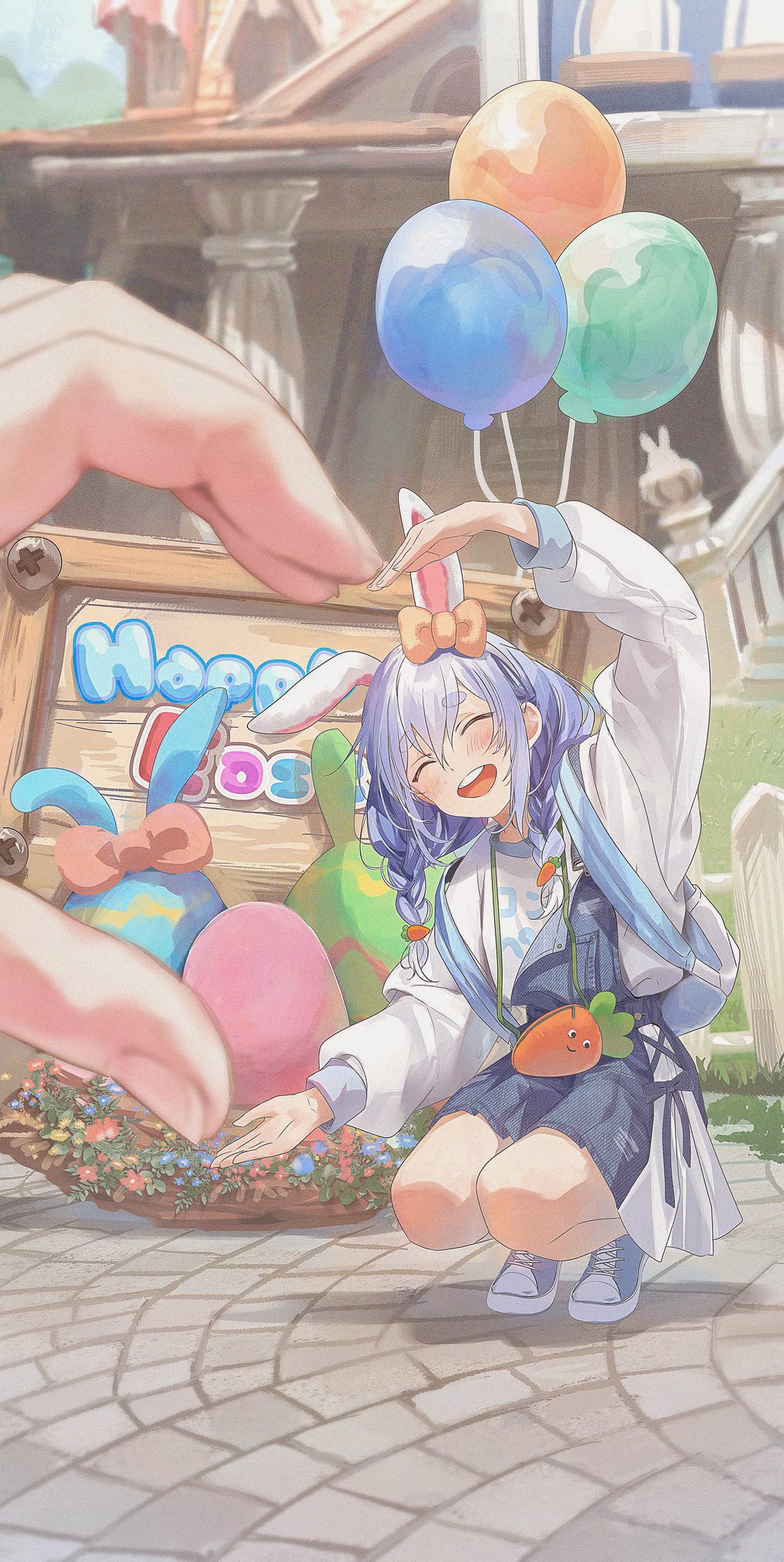 1girl, 1other, animal_ears, backpack, bag, balloon, basket, blue_hair, blue_overalls, blue_ribbon, blurry, blurry_foreground, bow, braid, carrot_bag, carrot_hair_ornament, closed_eyes, commentary_request, cross-laced_clothes, dot_nose, easter_egg, egg, eto_sister, fingernails, food-themed_hair_ornament, grass, hair_bow, hair_ornament, happy, head_tilt, heart, heart_hands, highres, hololive, house, legs_together, long_sleeves, multicolored_hair, open_mouth, orange_bow, outdoors, overalls, pillar, rabbit_ears, rabbit_girl, ribbon, shadow, shoes, sneakers, squatting, stairs, teeth, thick_eyebrows, tile_floor, tiles, twin_braids, twintails, two-tone_hair, upper_teeth_only, usada_pekora, virtual_youtuber, white_hair, white_sleeves, zipper
