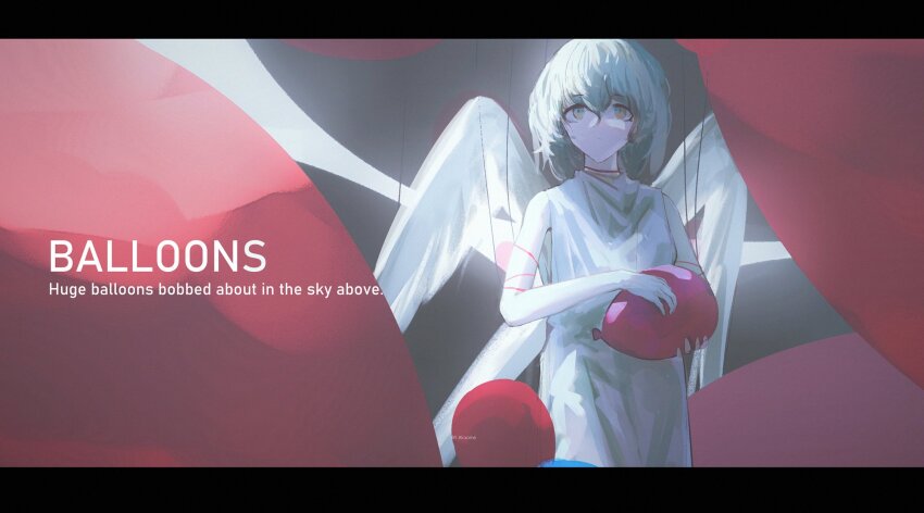 1girl, alcxome, angel, angel_wings, balloon, bare_arms, bare_shoulders, blonde_hair